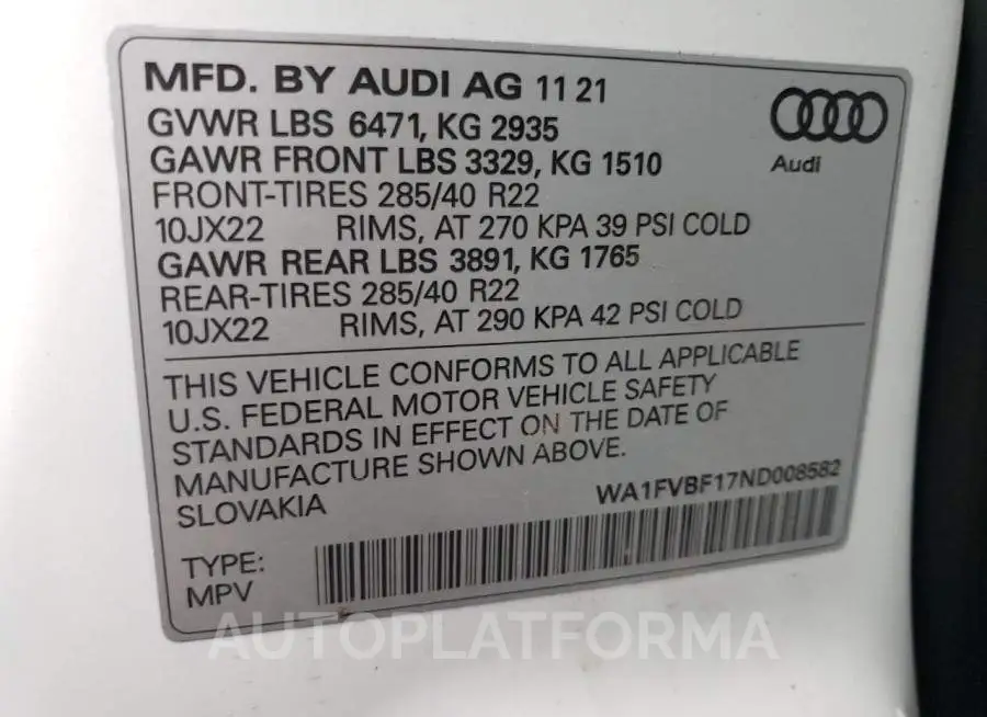 AUDI Q8 PRESTIG 2022 vin WA1FVBF17ND008582 from auto auction Copart