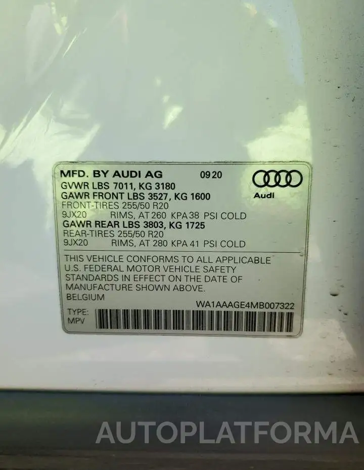 AUDI E-TRON PRE 2021 vin WA1AAAGE4MB007322 from auto auction Copart