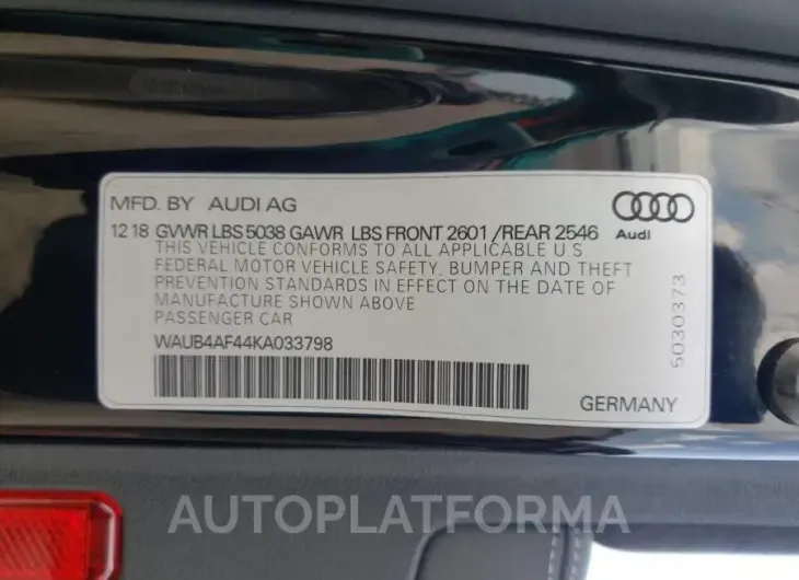 AUDI S4 PREMIUM 2019 vin WAUB4AF44KA033798 from auto auction Copart