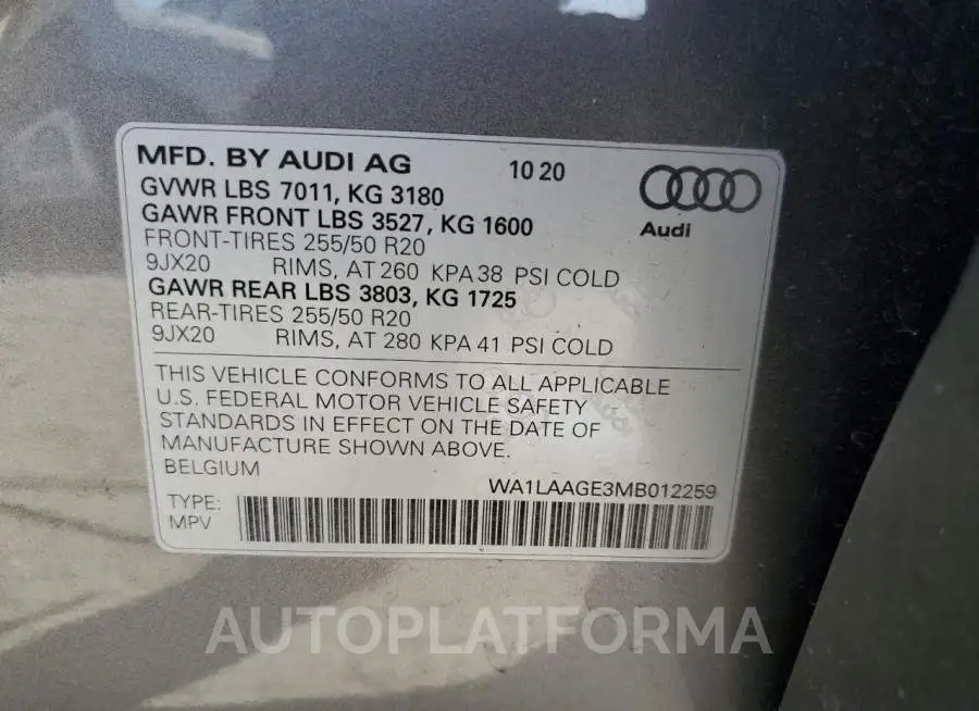 AUDI E-TRON PRE 2021 vin WA1LAAGE3MB012259 from auto auction Copart