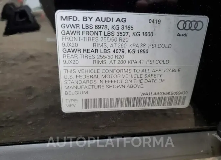 AUDI E-TRON PRE 2019 vin WA1LAAGE5KB009439 from auto auction Copart