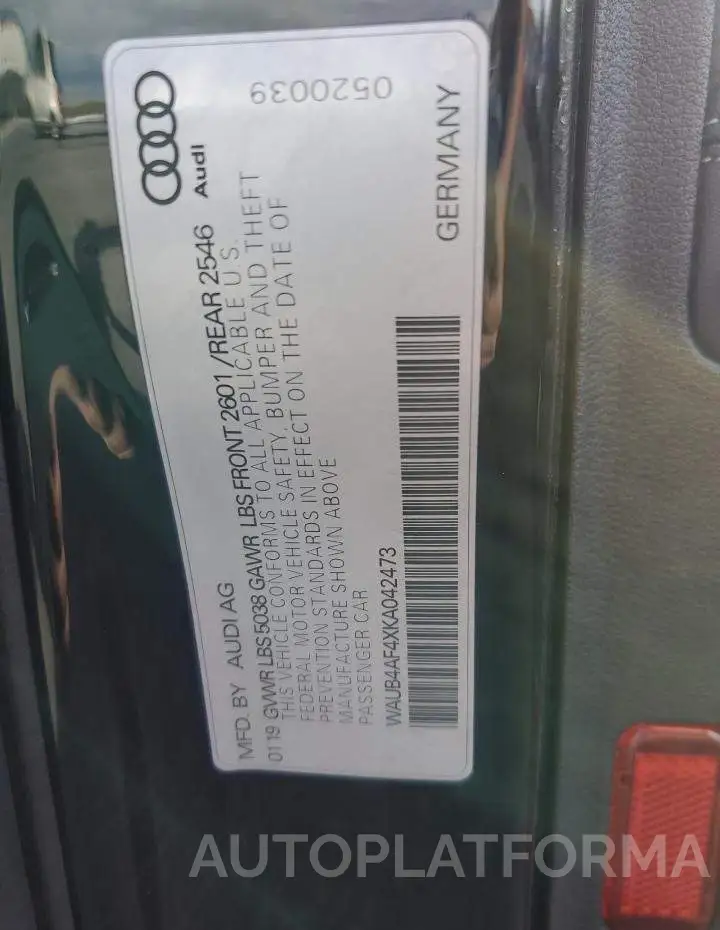 AUDI S4 PREMIUM 2019 vin WAUB4AF4XKA042473 from auto auction Copart