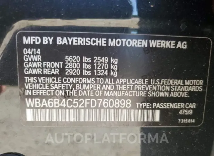 BMW 650 XI GRA 2015 vin WBA6B4C52FD760898 from auto auction Copart