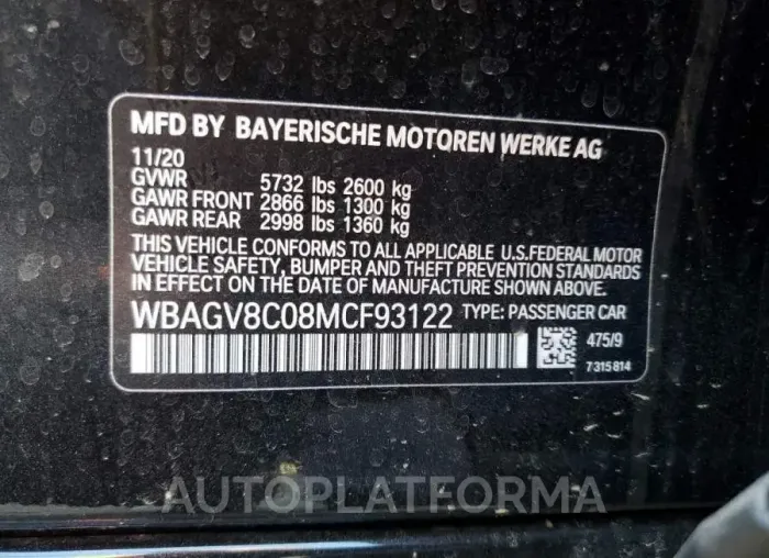 BMW M850XI 2021 vin WBAGV8C08MCF93122 from auto auction Copart