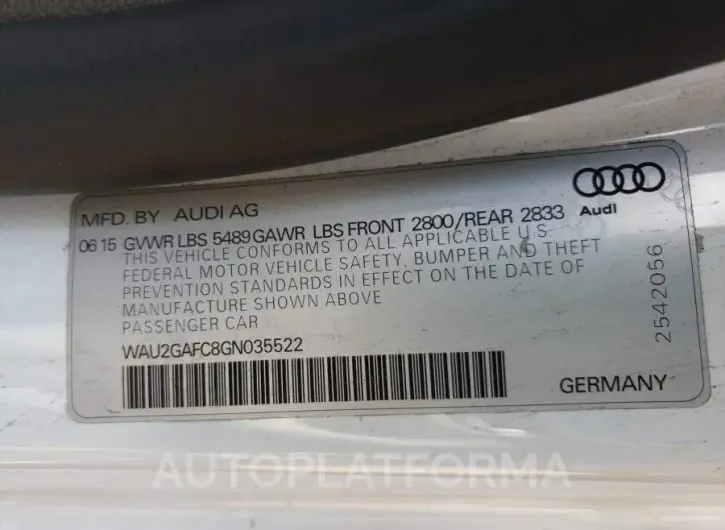 AUDI A7 PRESTIG 2016 vin WAU2GAFC8GN035522 from auto auction Copart