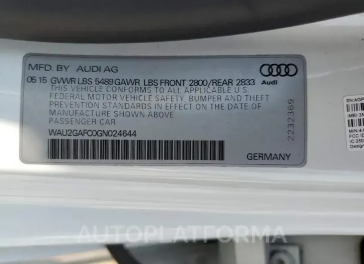 AUDI A7 PRESTIG 2016 vin WAU2GAFC0GN024644 from auto auction Copart