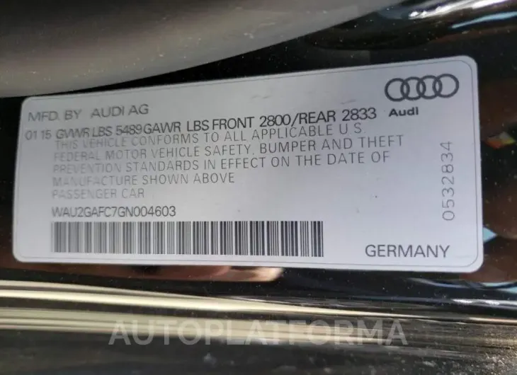 AUDI A7 PRESTIG 2016 vin WAU2GAFC7GN004603 from auto auction Copart