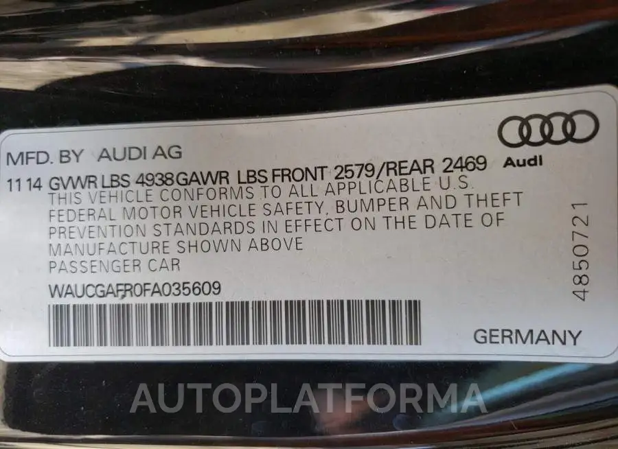 AUDI S5 PREMIUM 2015 vin WAUCGAFR0FA035609 from auto auction Copart