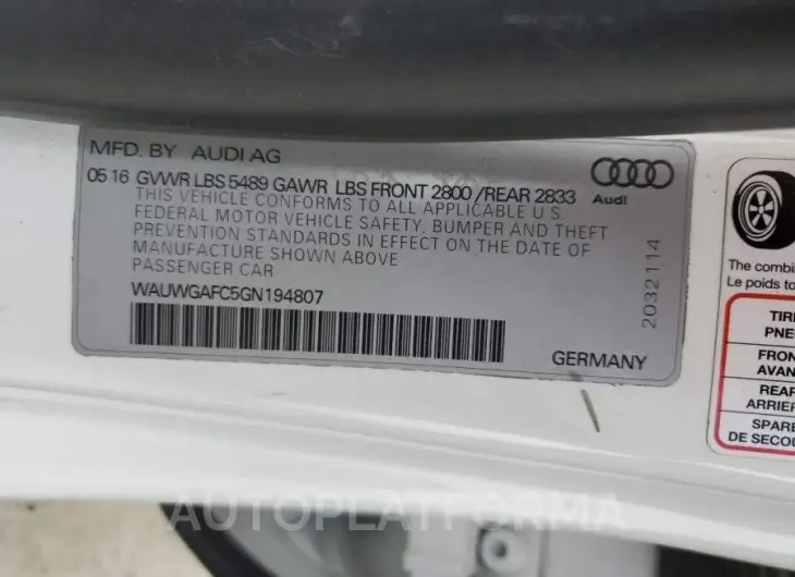 AUDI A7 PREMIUM 2016 vin WAUWGAFC5GN194807 from auto auction Copart