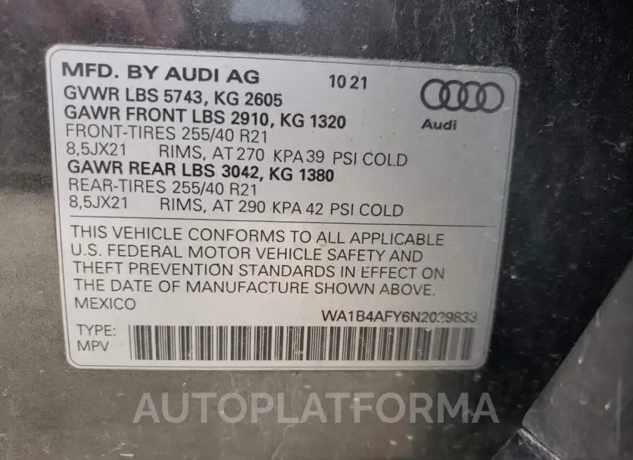 AUDI SQ5 PREMIU 2022 vin WA1B4AFY6N2029833 from auto auction Copart