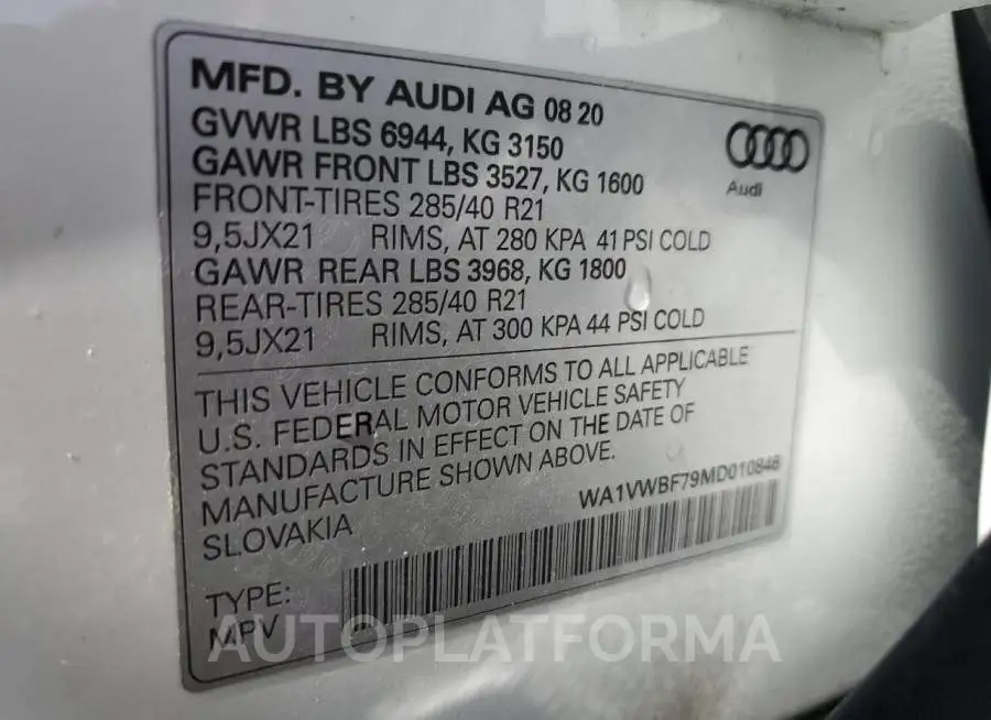 AUDI SQ7 PRESTI 2021 vin WA1VWBF79MD010846 from auto auction Copart