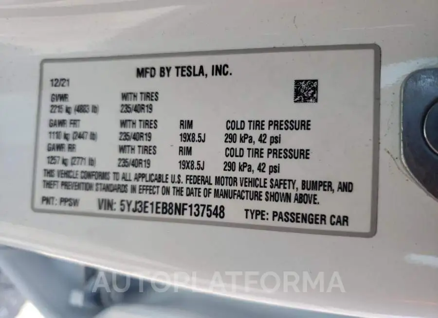 TESLA MODEL 3 2022 vin 5YJ3E1EB8NF137548 from auto auction Copart