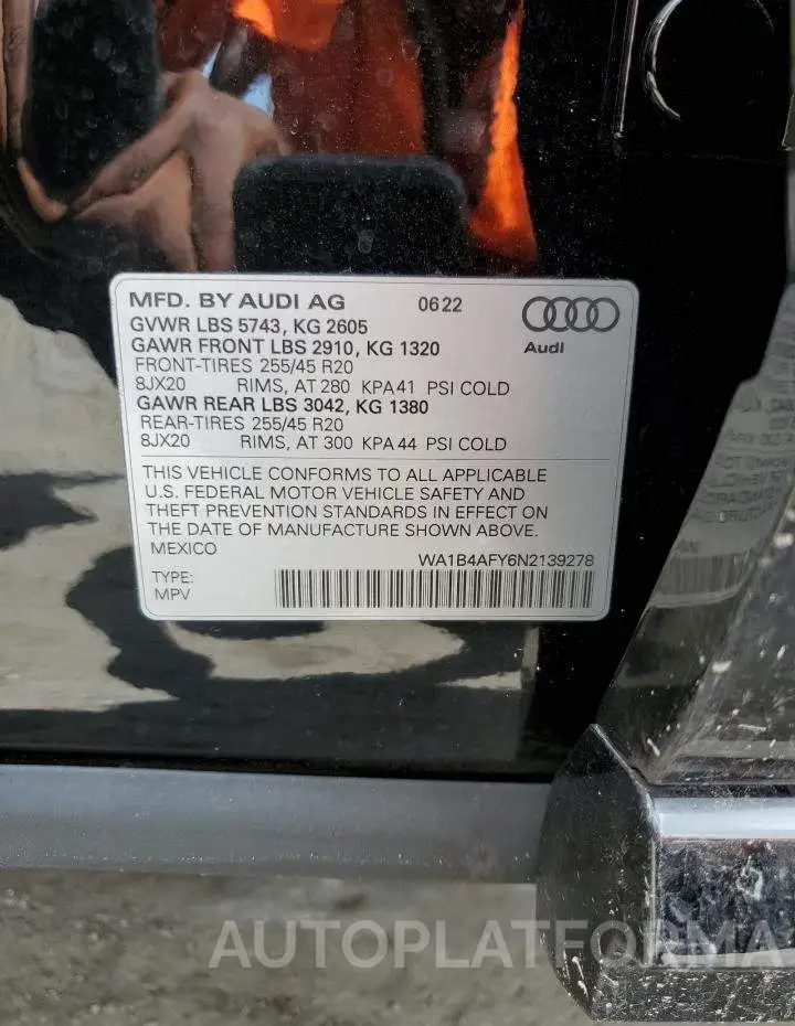 AUDI SQ5 PREMIU 2022 vin WA1B4AFY6N2139278 from auto auction Copart