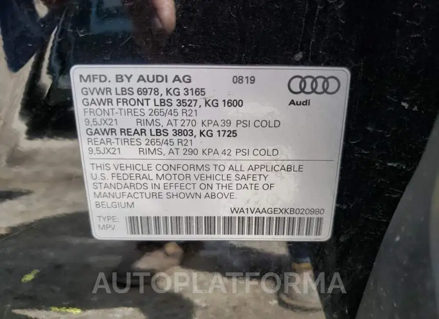 AUDI E-TRON PRE 2019 vin WA1VAAGEXKB020980 from auto auction Copart