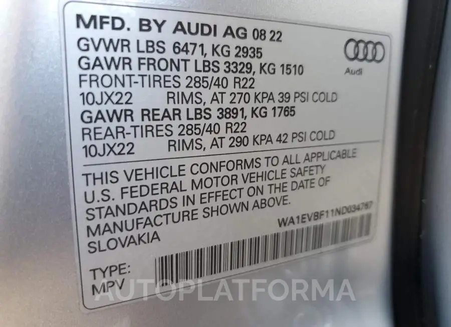 AUDI Q8 PREMIUM 2022 vin WA1EVBF11ND034767 from auto auction Copart