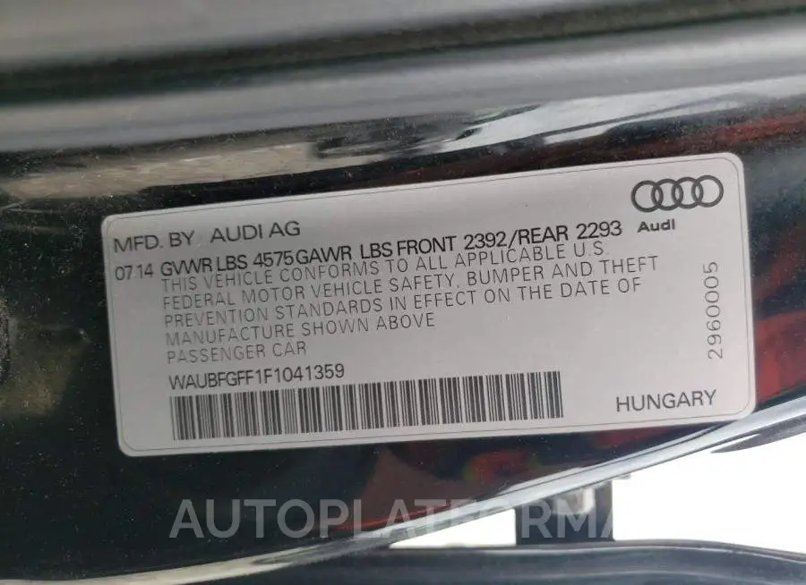 AUDI S3 PREMIUM 2015 vin WAUBFGFF1F1041359 from auto auction Copart