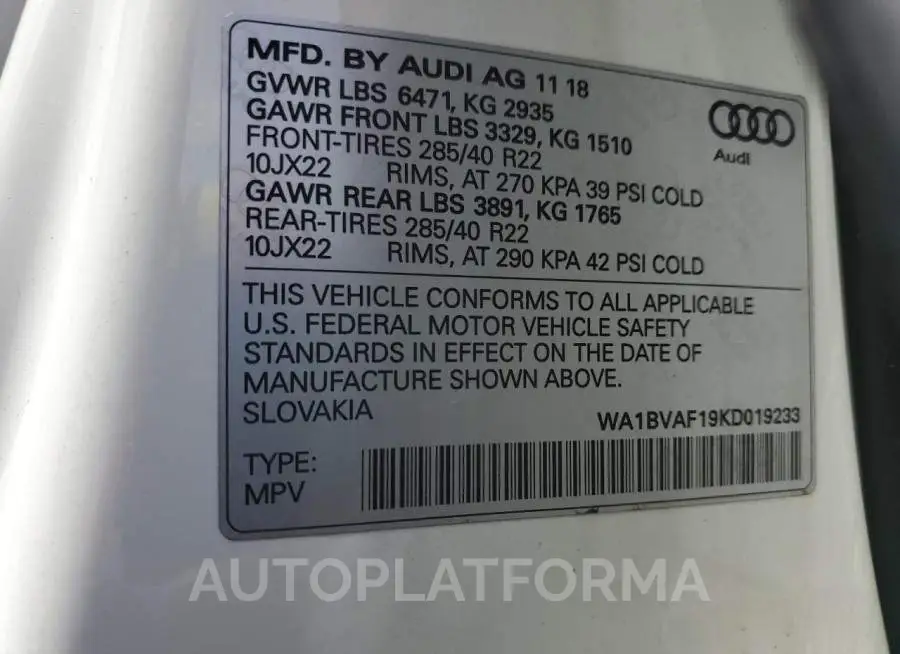 AUDI Q8 PREMIUM 2019 vin WA1BVAF19KD019233 from auto auction Copart