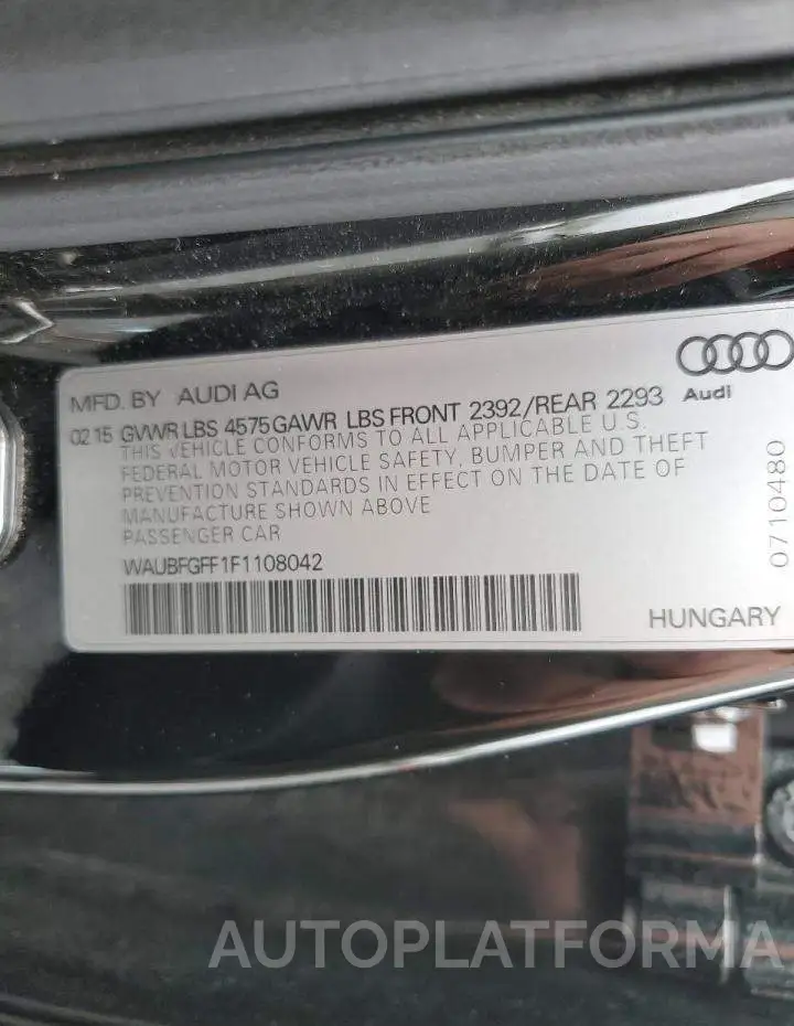 AUDI S3 PREMIUM 2015 vin WAUBFGFF1F1108042 from auto auction Copart