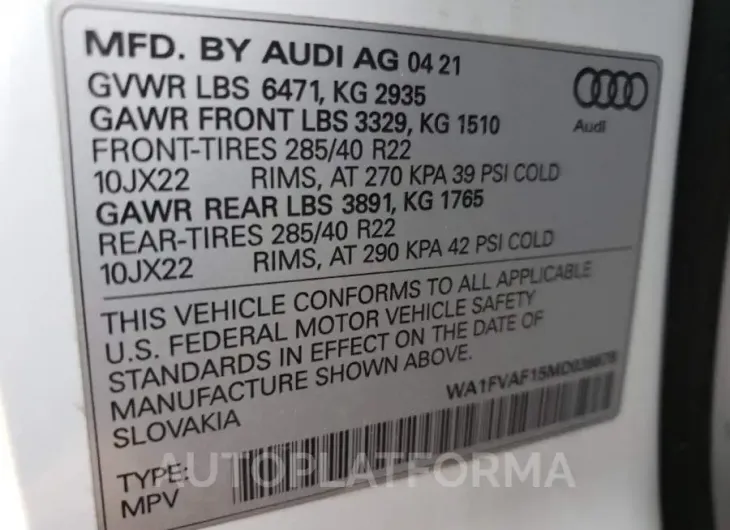 AUDI Q8 PRESTIG 2021 vin WA1FVAF15MD036678 from auto auction Copart