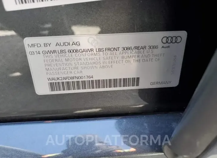 AUDI S8 QUATTRO 2015 vin WAUK2AFD8FN001764 from auto auction Copart