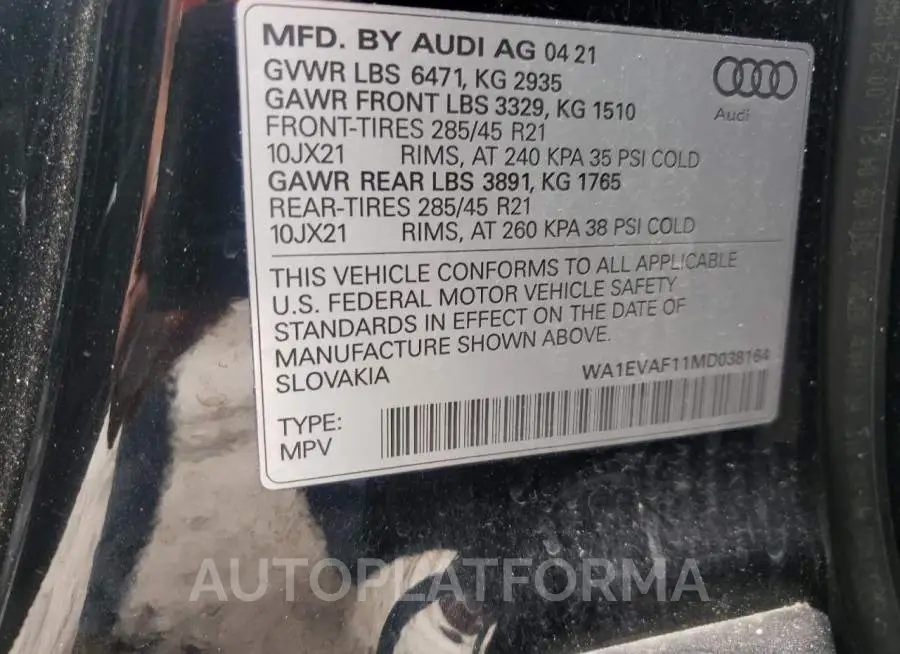 AUDI Q8 PREMIUM 2021 vin WA1EVAF11MD038164 from auto auction Copart