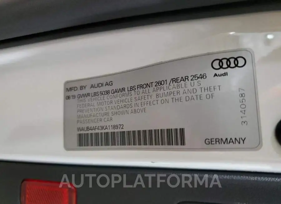 AUDI S4 PREMIUM 2019 vin WAUB4AF43KA118972 from auto auction Copart