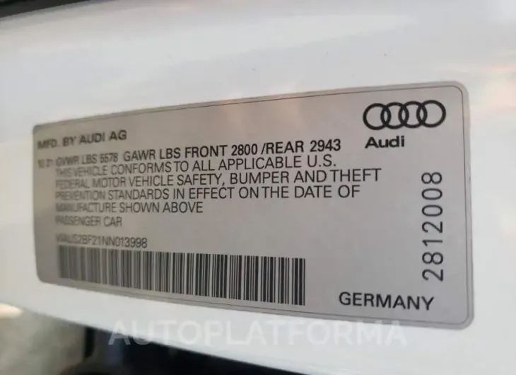 AUDI A7 PRESTIG 2022 vin WAUS2BF21NN013998 from auto auction Copart