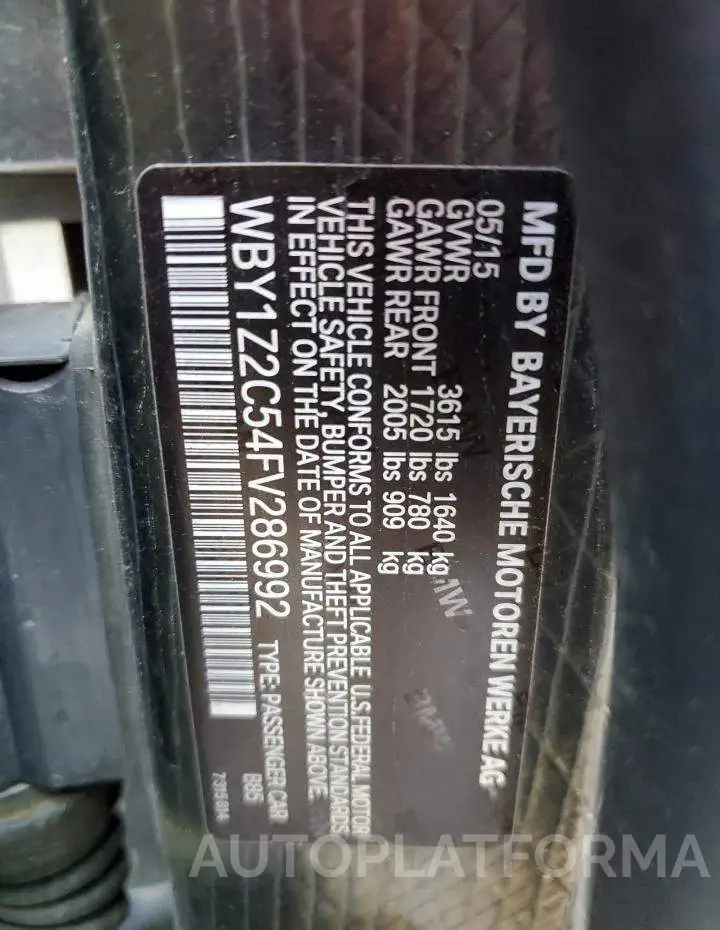 BMW I3 BEV 2015 vin WBY1Z2C54FV286992 from auto auction Copart