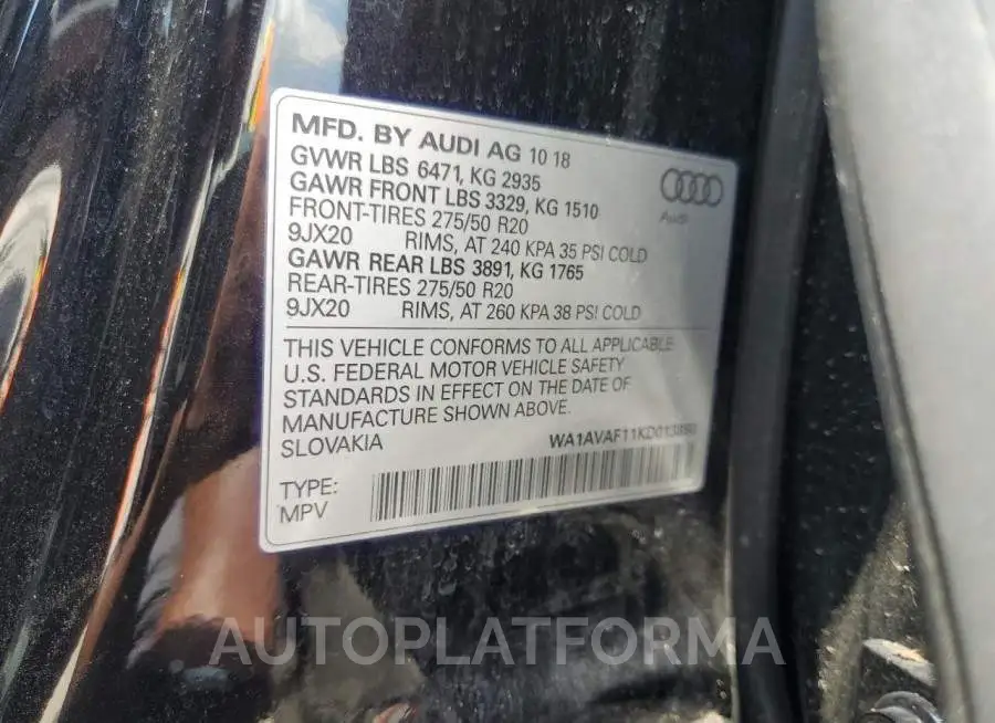 AUDI Q8 PREMIUM 2019 vin WA1AVAF11KD013860 from auto auction Copart