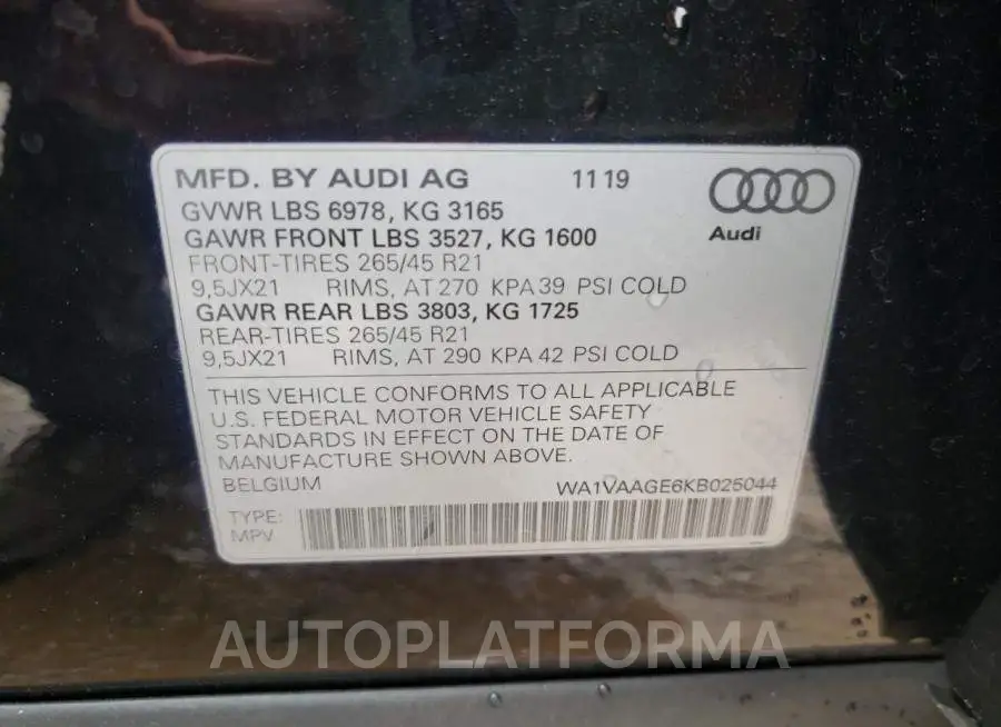 AUDI E-TRON PRE 2019 vin WA1VAAGE6KB025044 from auto auction Copart