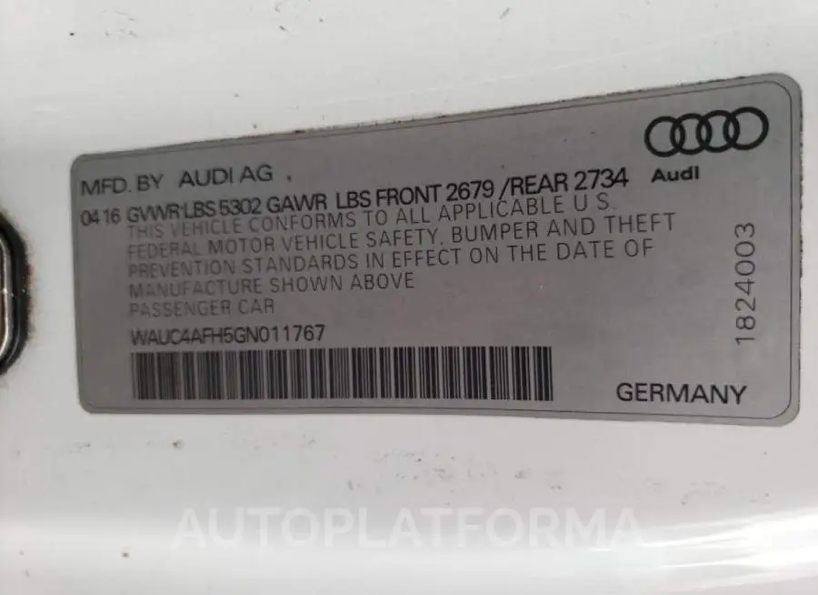 AUDI S5 PREMIUM 2016 vin WAUC4AFH5GN011767 from auto auction Copart