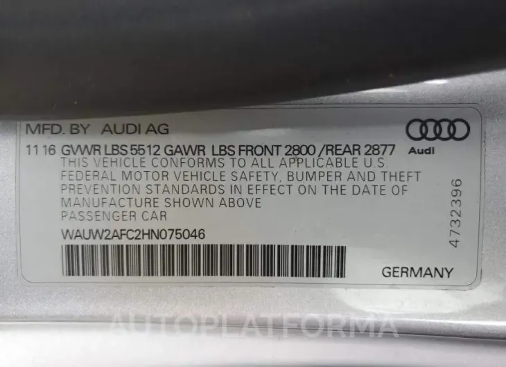 AUDI A7 PREMIUM 2017 vin WAUW2AFC2HN075046 from auto auction Copart