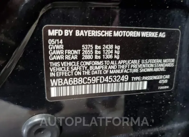 BMW 640 XI GRA 2015 vin WBA6B8C59FD453249 from auto auction Copart