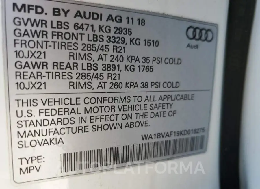 AUDI Q8 PREMIUM 2019 vin WA1BVAF19KD018275 from auto auction Copart