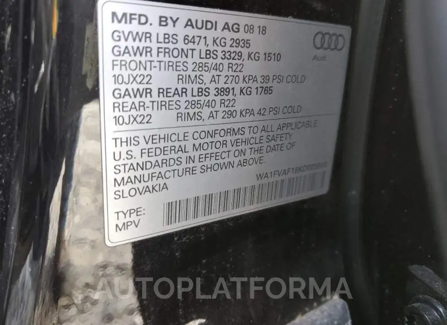 AUDI Q8 PRESTIG 2019 vin WA1FVAF18KD005843 from auto auction Copart