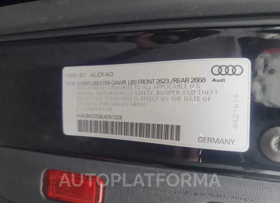 AUDI S5 PREMIUM 2019 vin WAUB4CF58KA091028 from auto auction Copart