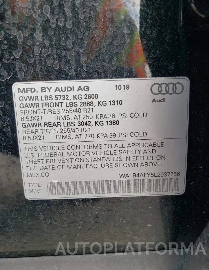 AUDI SQ5 PREMIU 2020 vin WA1B4AFY5L2037256 from auto auction Copart