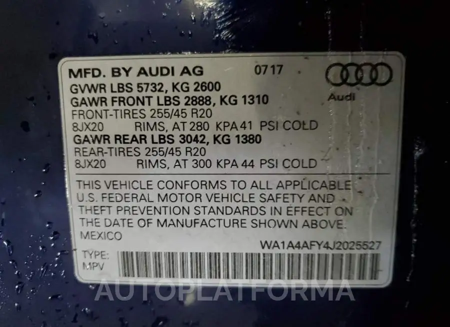 AUDI SQ5 PREMIU 2018 vin WA1A4AFY4J2025527 from auto auction Copart