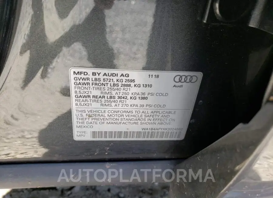 AUDI SQ5 PREMIU 2019 vin WA1B4AFYXK2024582 from auto auction Copart