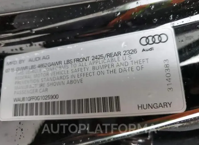 AUDI S3 PREMIUM 2016 vin WAUB1GFF0G1025900 from auto auction Copart