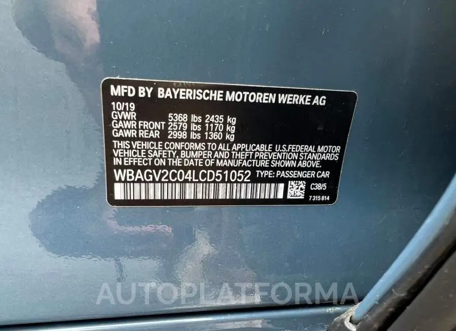 BMW 840I 2020 vin WBAGV2C04LCD51052 from auto auction Copart