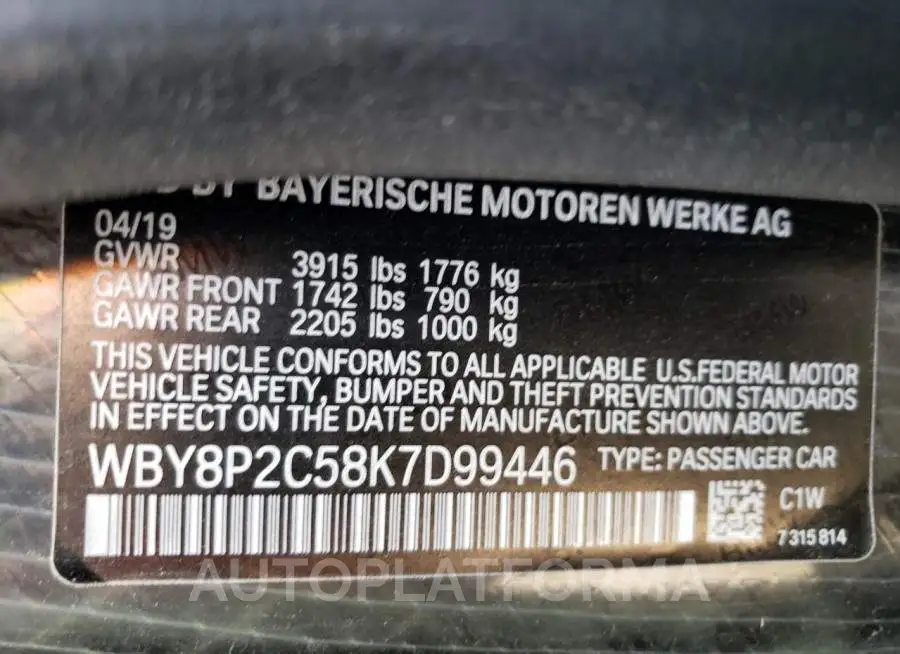 BMW I3 BEV 2019 vin WBY8P2C58K7D99446 from auto auction Copart