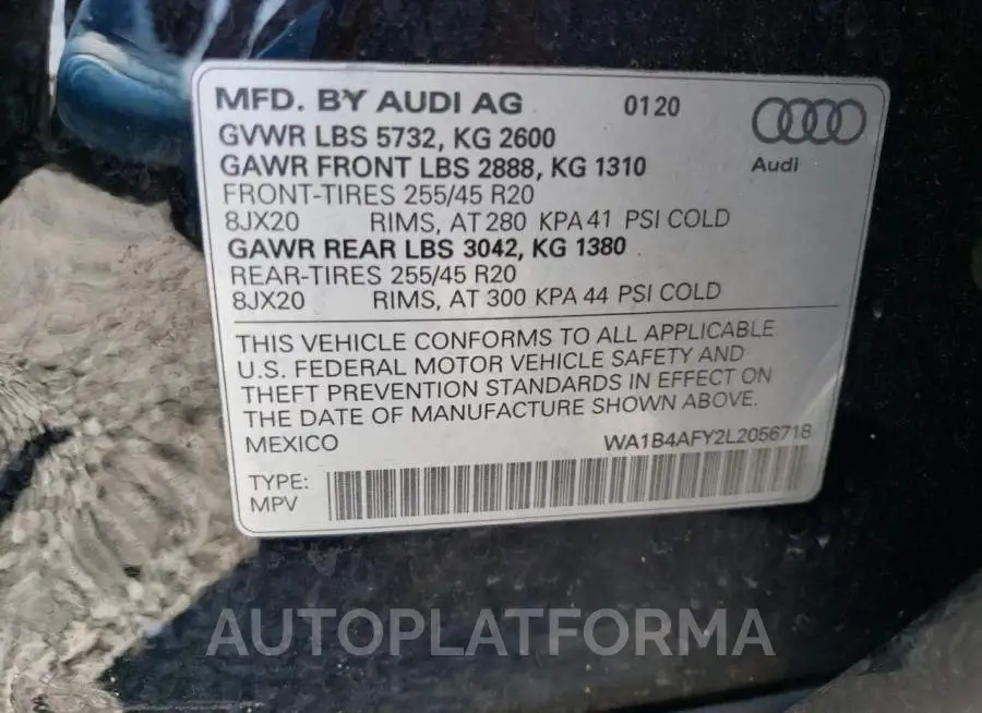 AUDI SQ5 PREMIU 2020 vin WA1B4AFY2L2056718 from auto auction Copart