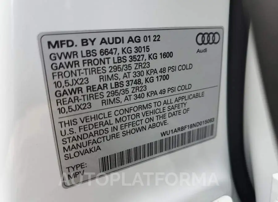 AUDI RS Q8 2022 vin WU1ARBF18ND015063 from auto auction Copart