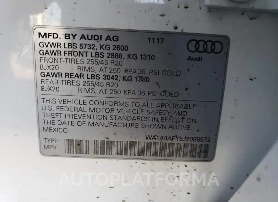 AUDI SQ5 PREMIU 2018 vin WA1A4AFY5J2088572 from auto auction Copart