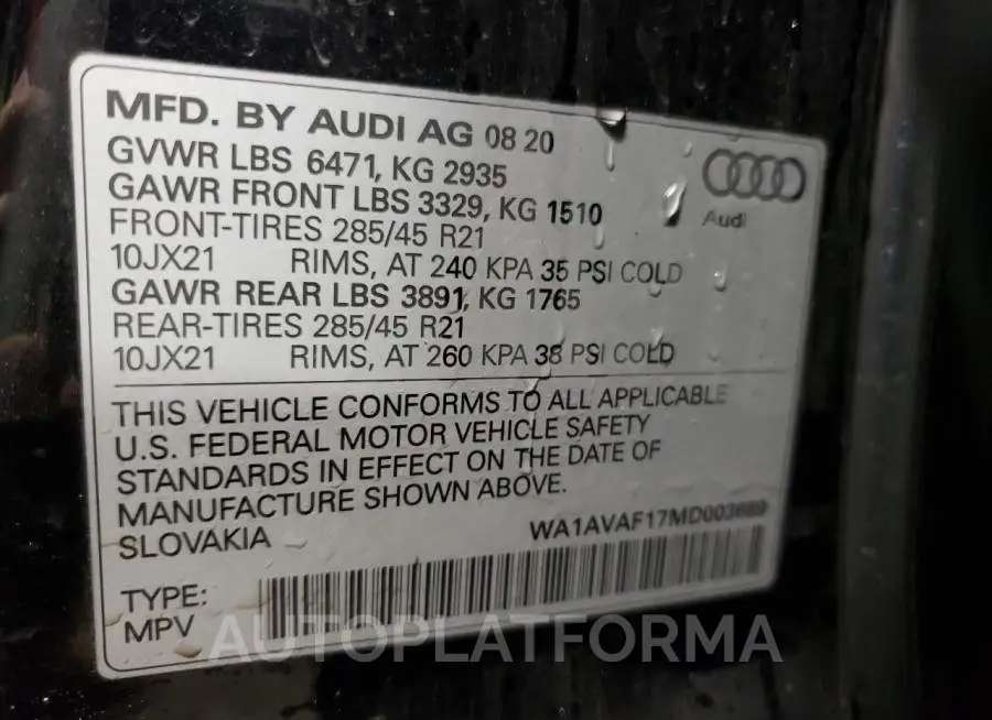 AUDI Q8 PREMIUM 2021 vin WA1AVAF17MD003689 from auto auction Copart