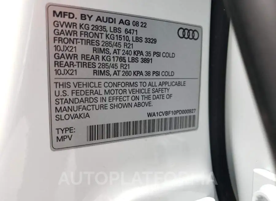 AUDI Q8 PRESTIG 2023 vin WA1CVBF10PD000927 from auto auction Copart