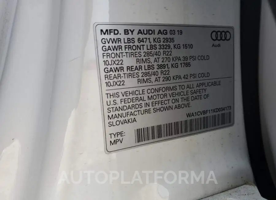 AUDI Q8 PRESTIG 2019 vin WA1CVBF11KD034173 from auto auction Copart