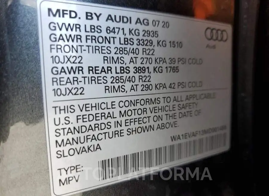 AUDI Q8 PREMIUM 2021 vin WA1EVAF13MD001455 from auto auction Copart