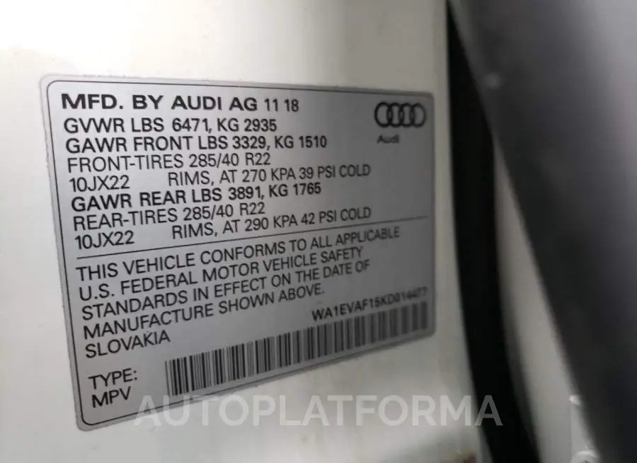 AUDI Q8 PREMIUM 2019 vin WA1EVAF15KD014477 from auto auction Copart